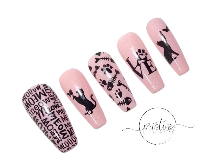 Cute and Fun Cat Press On Nails Pink Nails With Cat Designs Cat Lovers Gift For Women Set of 10 image 4