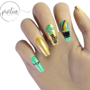 Oh Lucky Day St. Patrick's Day Nails Saint Patricks Day Press On Nails Pot of Gold Rainbow 4 Leaf Clover Leprechaun Belt Set of 10 image 2