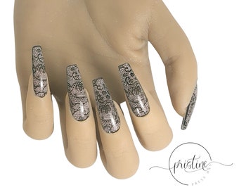 Black Lace Press On Nails with Black Outlined Nail Edges | Set of 10