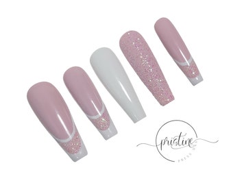 Luxury Pink and White French Wedding Nails with Glitter Accents | Wedding Press On Nails | Bridal Nails | Nails For Bride | Set of 10