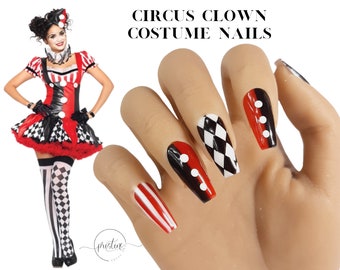 Circus Clown Matching Costume Halloween Nails | Press On Nails | Women's Circus Clown Cosplay Nails | Red White Black Nails | Set of 10