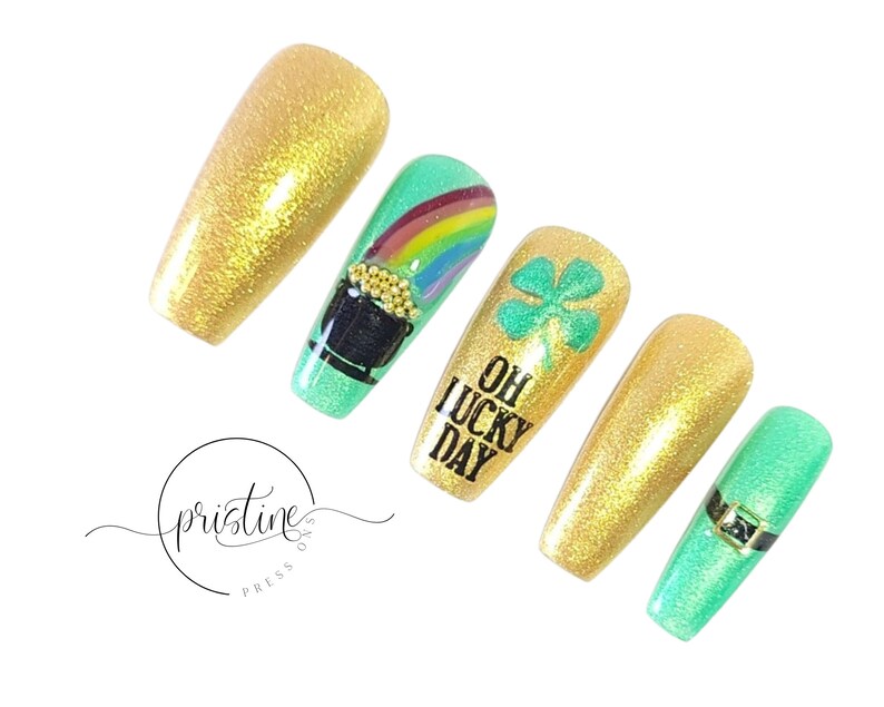 Oh Lucky Day St. Patrick's Day Nails Saint Patricks Day Press On Nails Pot of Gold Rainbow 4 Leaf Clover Leprechaun Belt Set of 10 image 5