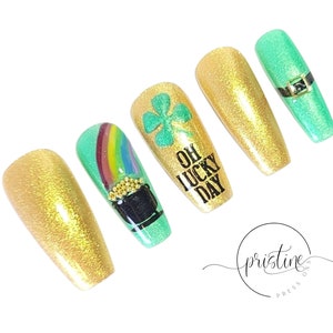 Oh Lucky Day St. Patrick's Day Nails Saint Patricks Day Press On Nails Pot of Gold Rainbow 4 Leaf Clover Leprechaun Belt Set of 10 image 4