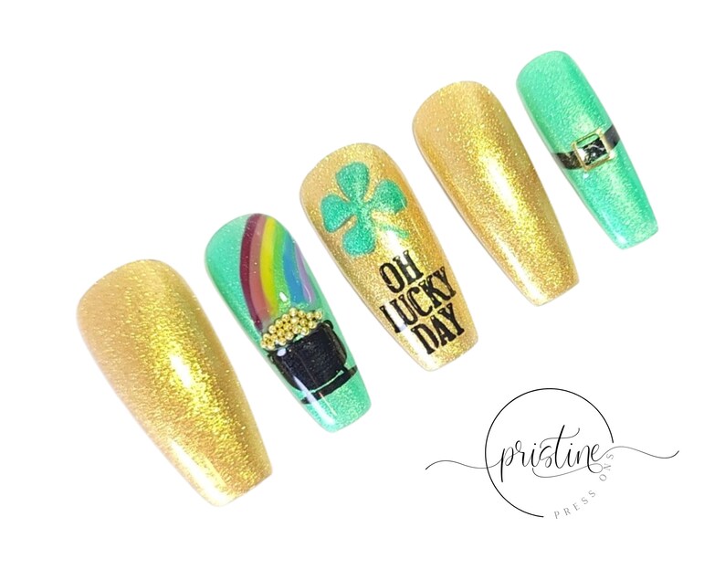 Oh Lucky Day St. Patrick's Day Nails Saint Patricks Day Press On Nails Pot of Gold Rainbow 4 Leaf Clover Leprechaun Belt Set of 10 image 4