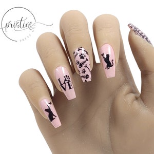 Cute and Fun Cat Press On Nails Pink Nails With Cat Designs Cat Lovers Gift For Women Set of 10 image 3