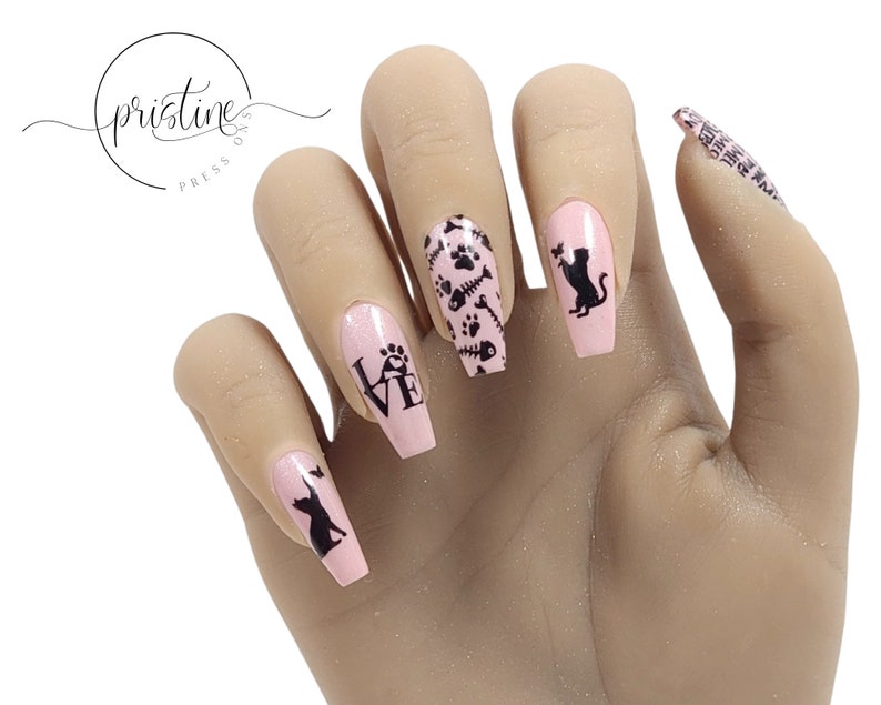 Cute and Fun Cat Press On Nails Pink Nails With Cat Designs Cat Lovers Gift For Women Set of 10 image 3