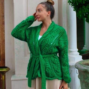 Green Angora Handmade Cardigan | Soft Fluffy Hand Knit Sweater | Cozy Winter Outfit | Gift for Her
