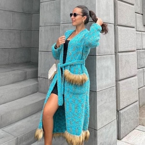 Handmade Angora Women Cardigan with Faux Fur & Buckle Knit Crochet Sweater, Cozy Winter Fashion Unique Gift for Her