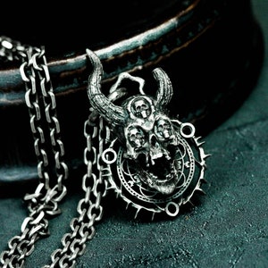 Three-Eyed Satan Skull Pendant - Heretic symbol carved in dark silver art