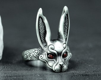 Ruby-Eyed Rabbit Ring - Carved Silver Bunny Face Band