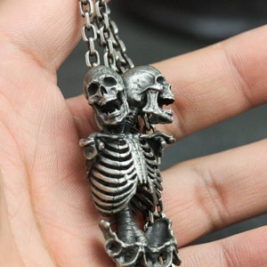 925 silver Double skull pendant Human skeleton necklace pendant, anatomical necklace pendant,accessories, bone personality spine pendant