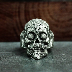 Mexican Tattoo Skull Silver Ring-Gangster Pattern Skull Handmade Silver Ring-Gothic Rune Gift Ring