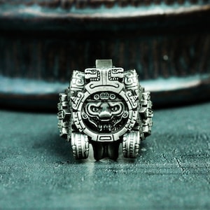 Mayan Chariot 925 Silver Ring - Ritual Symbol Totem-Inspired Band - Ancient Tribal Design Handmade Statement Jewelry for History Lovers