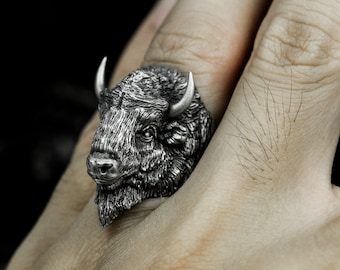 Anillo de bisonte realista - Bison bison - Joyería de plata