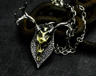 Handmade Deer Skull Pendant: 925 Silver & Brass Animal Jewelry