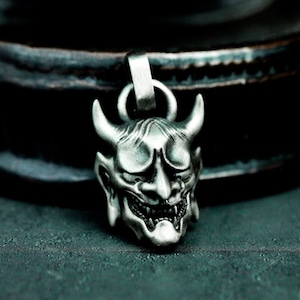 Prajna Ghost Face 925 Silver Pendant-Japanese Oni Mask Ghost Myth Necklace-Exotic Demon Ghost Necklace