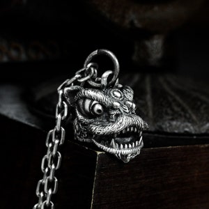 Lion Dance Mask 925 Silver Pendant - Chinese Lion Dance Unique Necklace - Lion Head Big Eyes Men's Pendant Gift