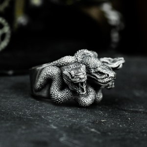 Anillo de la Serpiente de Tres Cabezas - Monstruo del Infierno - Anillo de Plata
