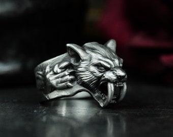 Saber-toothed tiger - Tiger Skull 925 Silver Ring - Sharp-edged - Craftsman made