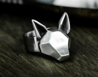 Geometric Fox Ring - Abstract Totem Silver Band Art