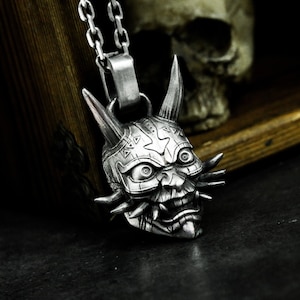 Japanese evil ghost totem 925 silver pendant - bucktooth ghost horror skull silver necklace - unique handmade men&#39;s silver jewelry gift