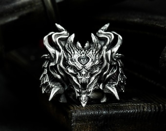 Fierce Demon Satan Mask 925 Silver Ring - Gothic Evil Skull Men's Unique Ring