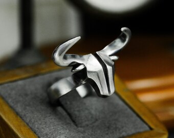 アクセサリー Silver 925 Buffallo Horn Signet Ring #17 Buffalo Skull Bull Horn 925 Sterling Silver Ring Punk