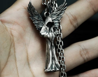 Lucifer Fallen Angel Pendant - Robed Winged Statue Silver Pendant