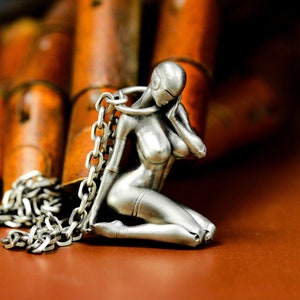 Machine Girl 925 silver pendant - Mechanical female body necklace - Cyberpunk naked female body pendant