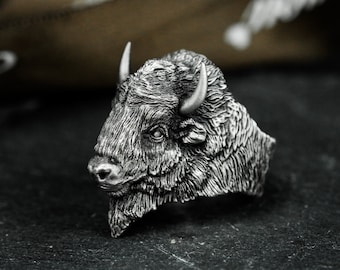 American Bison Silver Ring - Realistic Bison Men's Ring - Unique Gift Custom Bull Head Ring