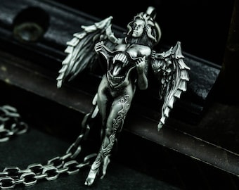 925 silver Succubus Pendant Necklace Gothic Jewelry Punk Necklace Mythic,Vampire,Demon pendant Retro Evil Angel Wings Pendant Necklace