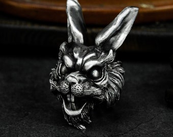 Dark Gothic Rabbit Ring: Handmade 925 Silver Macabre Bunny Jewelry