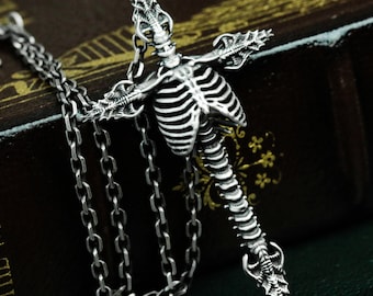 Skeleton Design Cross of Jesus 925 Silver Pendant Necklace - Cross Necklace with Human Skeleton Combination - Unique Personalized Gift