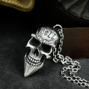Hell Skull Biker 925 Silver Pendant - Rugged Men’s Hardcore Motorcycle Style Necklace - Gothic Rebel Statement Jewelry Pendant