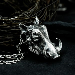 Bucktoothed boar 925 silver pendant - African boar head men&#39;s animal silver pendant - Wild animal unique pendant