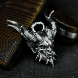 Devil from Hell 925 Silver Pendant Necklace - Satan&#39;s Messenger from the Underworld Men&#39;s Silver Pendant - Handmade Skull Design Necklace