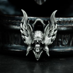 Hell&#39;s Angel 925 Silber Anhänger-Sechsäugiger Dämon Halskette-Teufelsflügel Silber Anhänger