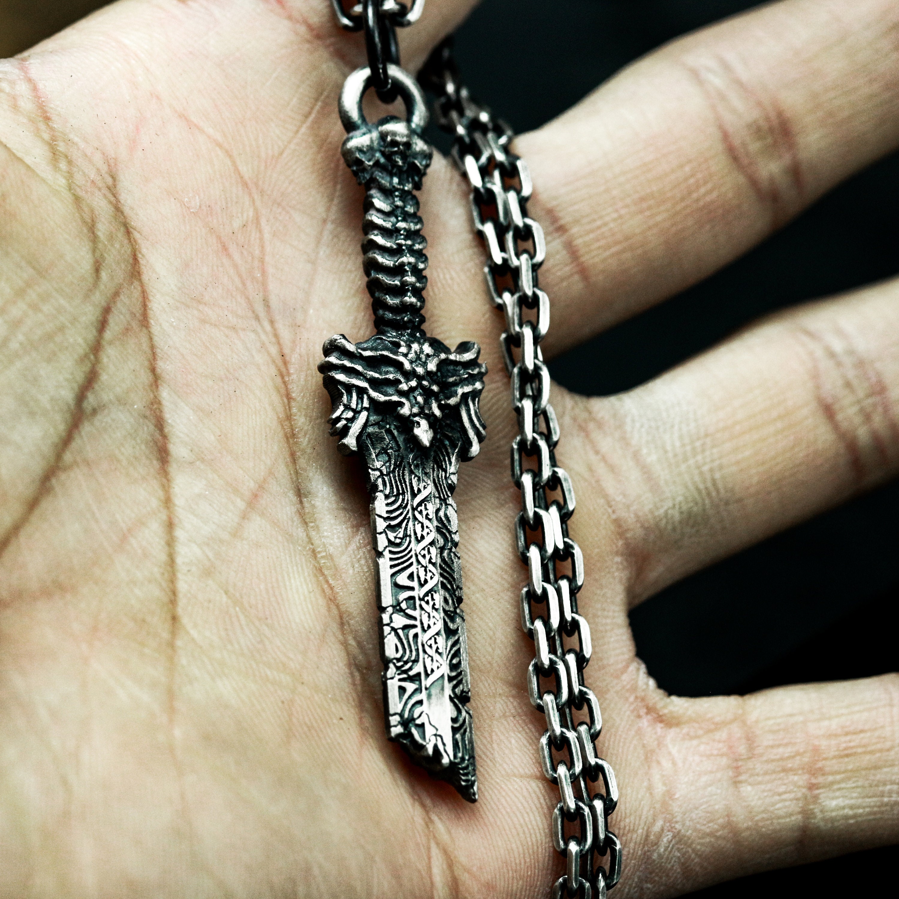 Broken Sword Silver Pendant - Skull Hilt Rune Carved Jewelry - Etsy