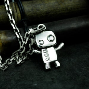 Shiny cute robot silver pendant - big and small eye robot gift handmade pendant - unique design exquisite jewelry