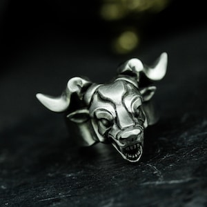 Bull head 925 silver ring-Men&#39;s bull ring-Dark Bull Demon King handmade ring