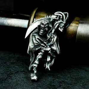 Scythe-Bearing Reaper 925 Silver Pendant - Hell’s Skull Messenger Necklace - Gothic Grim Figure Harvesting Souls Memorial Jewelry
