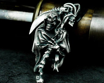 Grim Reaper Scythe 925 Silver Pendant - Gothic Skull Necklace