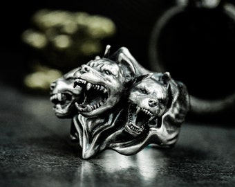 Hell Three-Headed dog 925 silver ring - Cerberus men's silver ring - Evil dog ring of the underworld