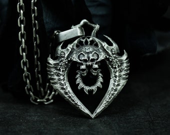Hell Demon Heart 925 Silver Pendant - Abstract Design Devil Heart - Gothic Skull Necklace Handmade Gift