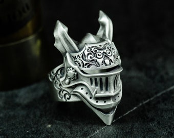 Medieval Knight Helmet Ring: Handmade Sterling Silver Rabbit Ear Ring