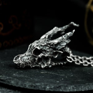 May include: A silver dragon skull pendant with a detailed, textured surface. The pendant is attached to a silver chain.