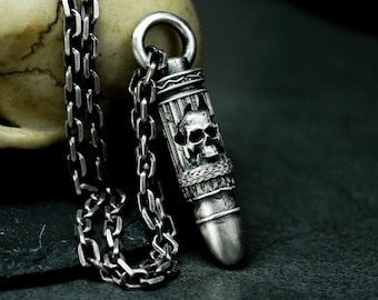 Roman Column Skull Bullet Silver Pendant Necklace - Gothic Men's Skull Silver Necklace - Death's Evil Bullet 925 Silver Pendant