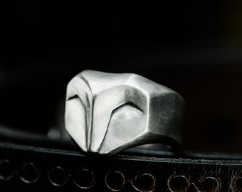 Abstract Owl 925 Silver Ring - Minimalist Owl Mask Ring - Prismatic Animal Minimalist Silver Ring