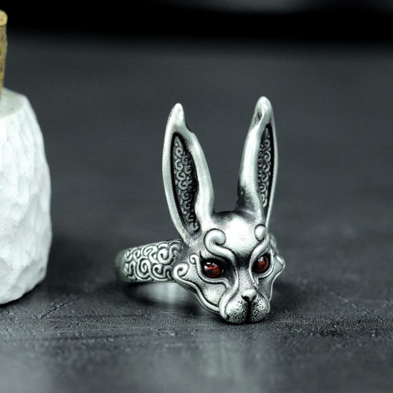 Ruby-Eyed Rabbit Ring - Carved Silver Bunny Face Band