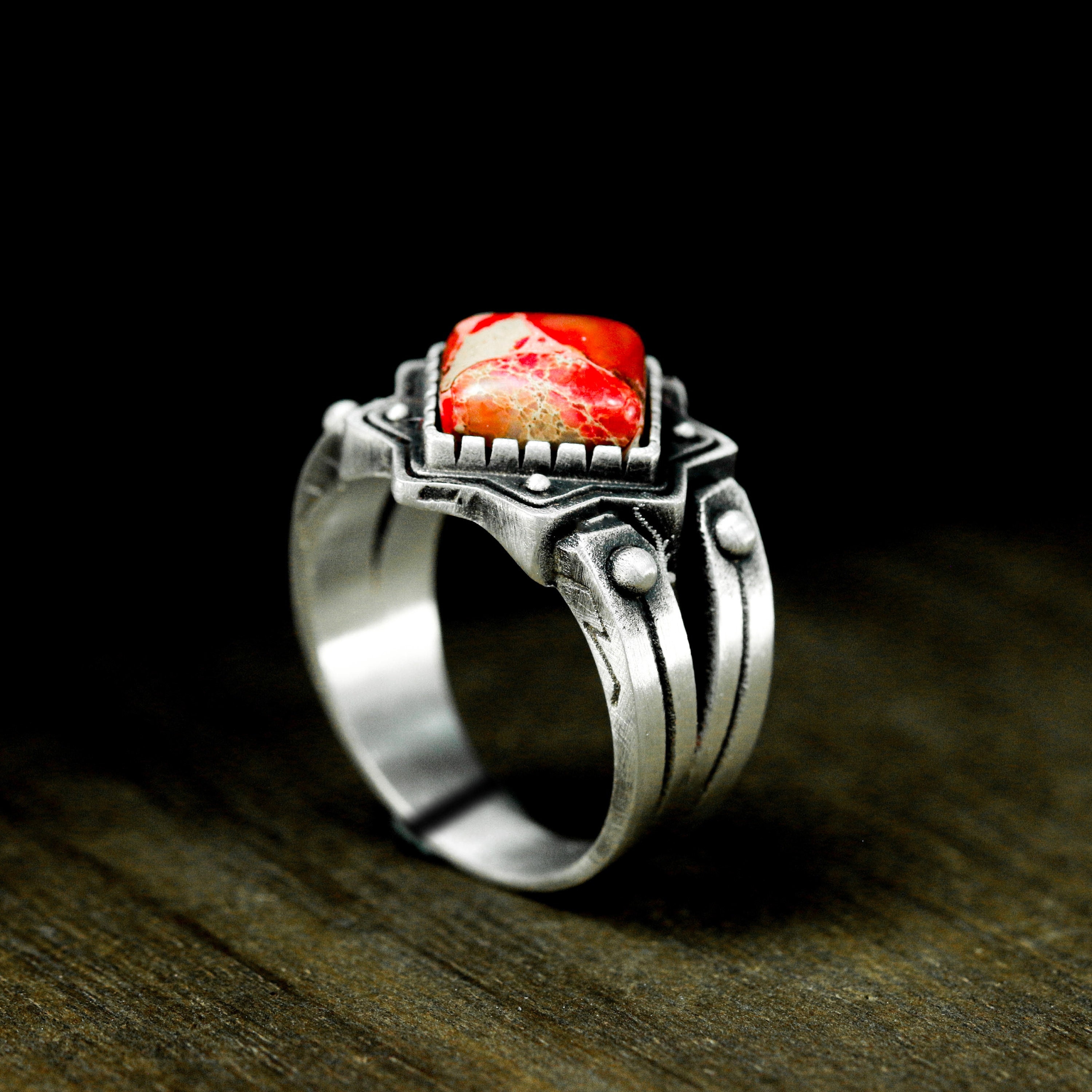 Classical turquoise inlaid 925 silver ring-painted stone natural stone processed silver ring-turquoise red turquoise colored turquoise ring